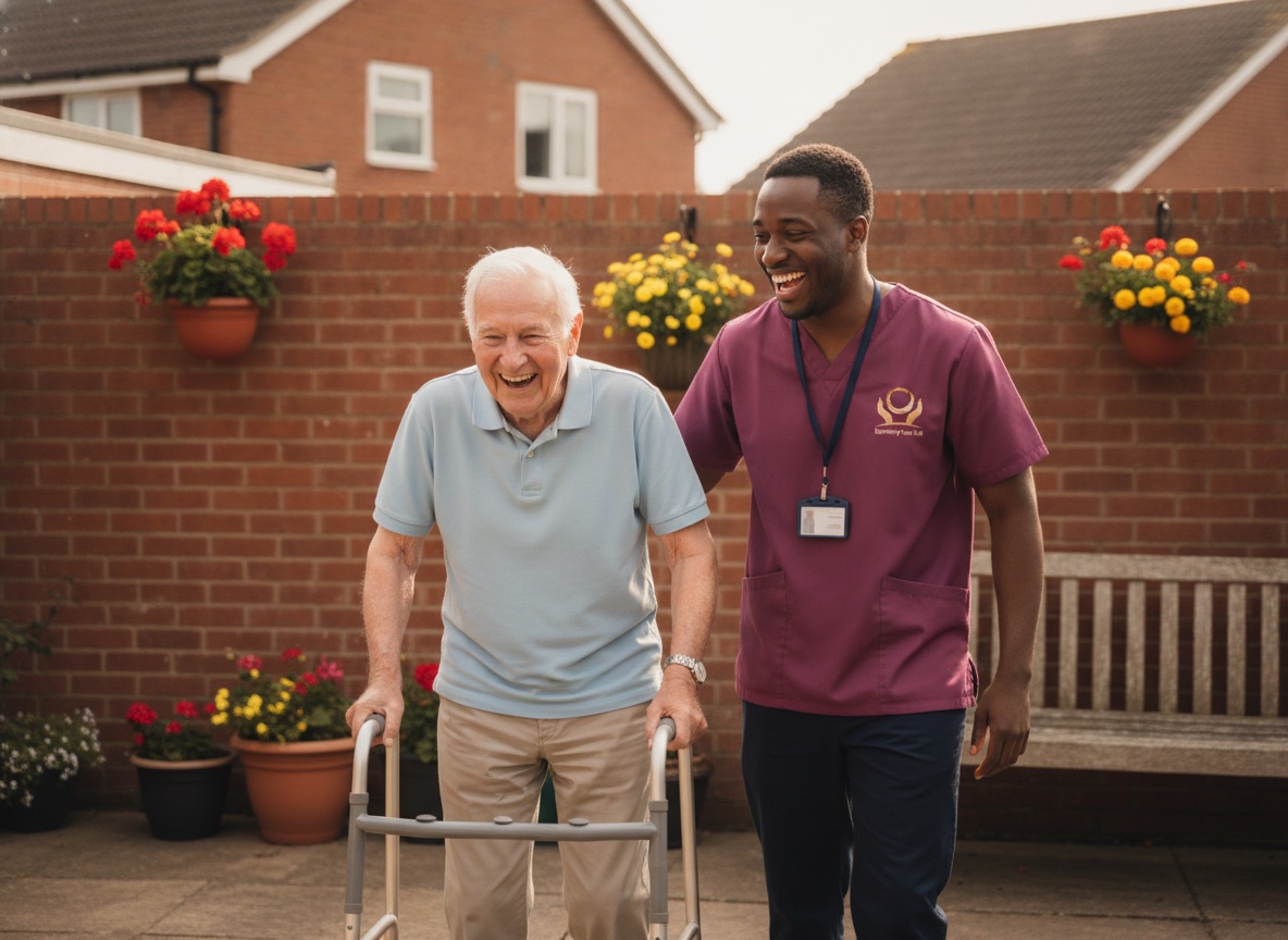 Eternity Care carer supporting an elderly man with a walking frame in his garden in Gateshead