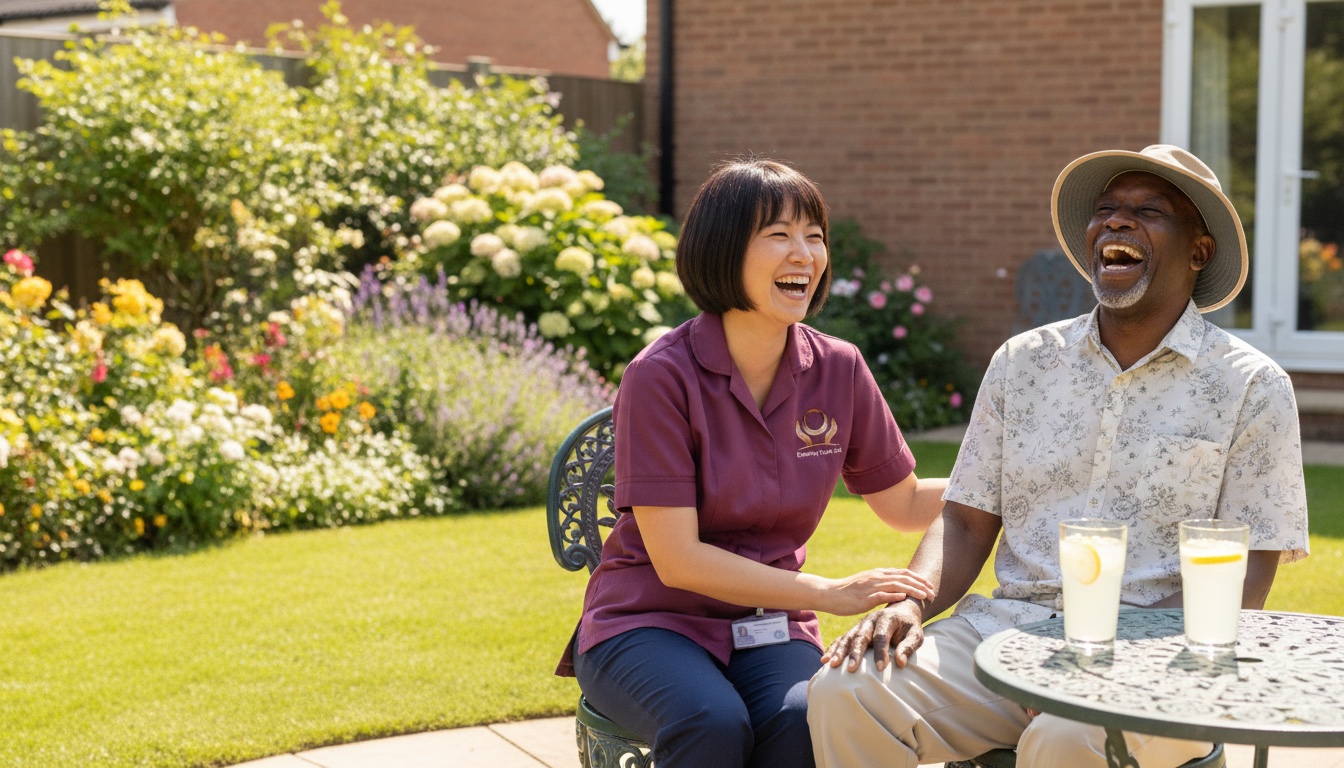 Eternity Care carer sharing a laugh with an elderly man in his garden, showing a rewarding care job