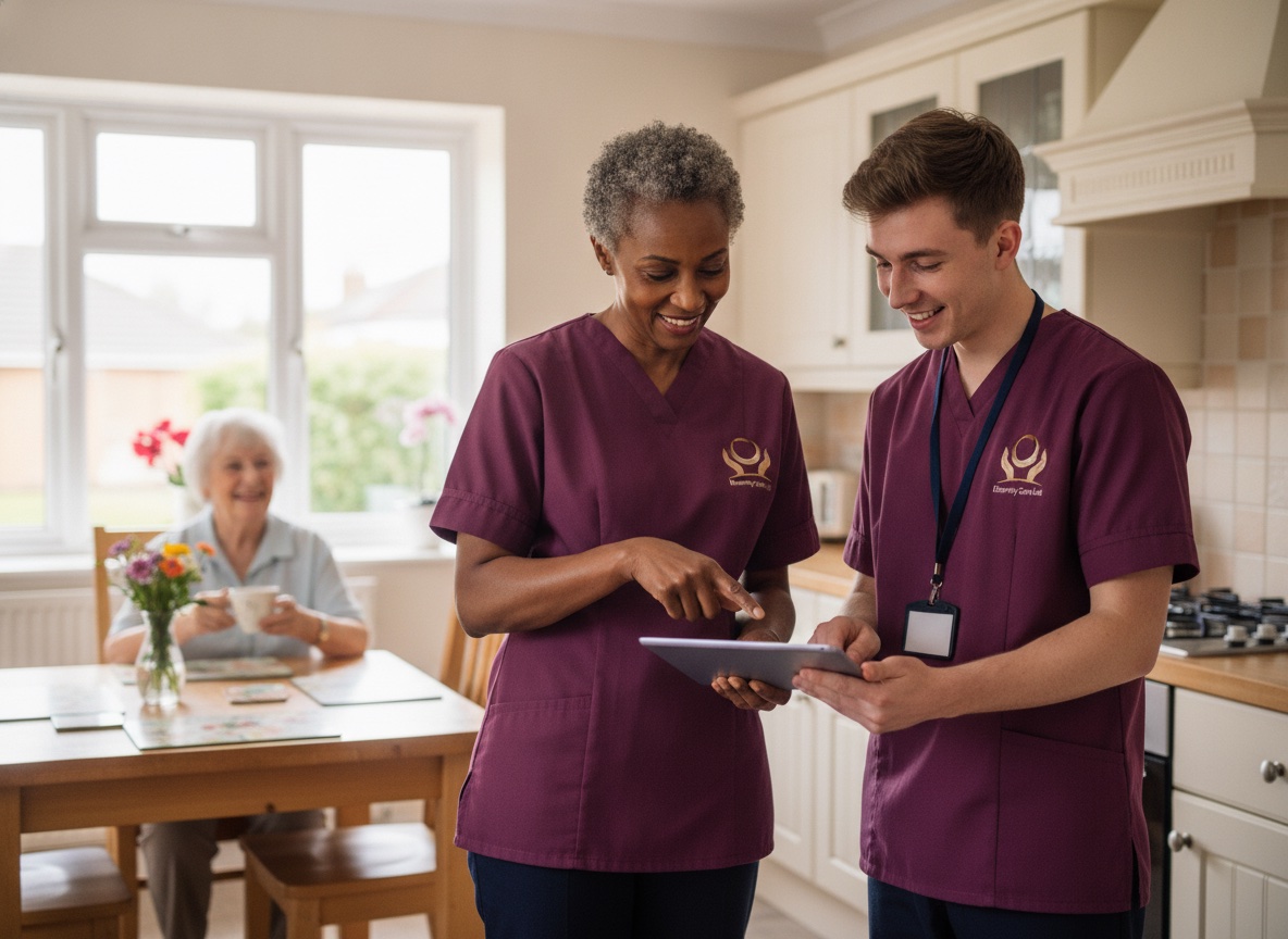 Experienced Eternity Care carer mentoring a new carer on a shadow shift during a home visit