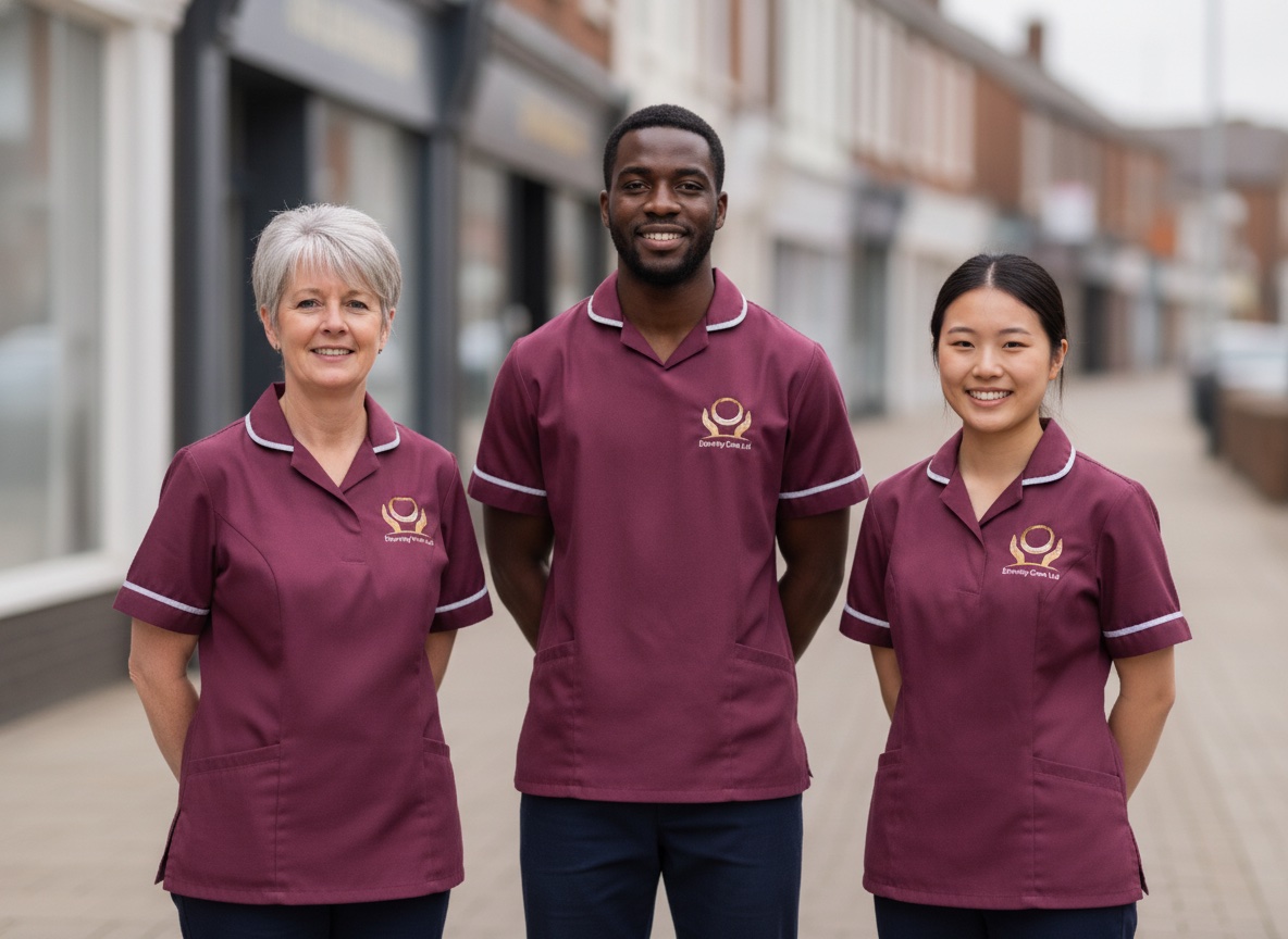 Eternity Care team of three carers in plum uniforms outside the Birtley office in Gateshead