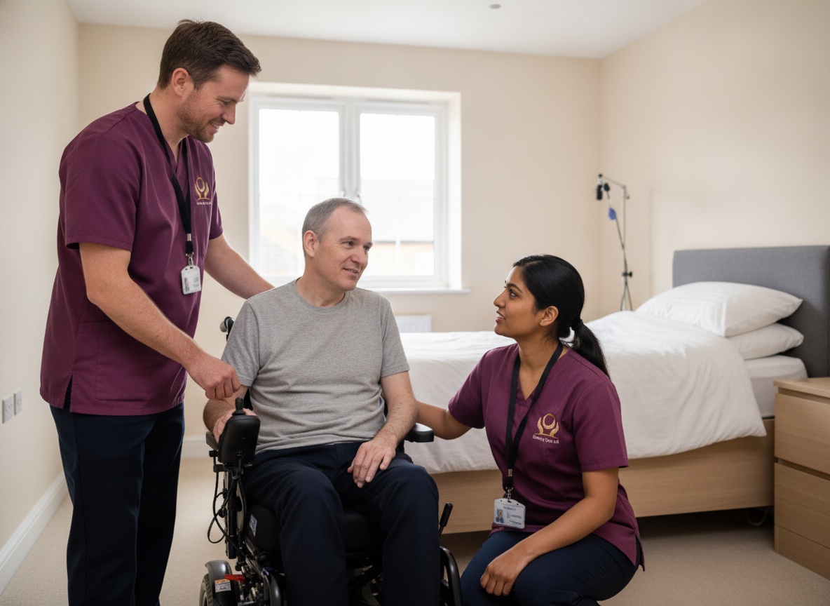 Two Eternity Care complex care workers supporting a man in a powered wheelchair at home in Gateshead