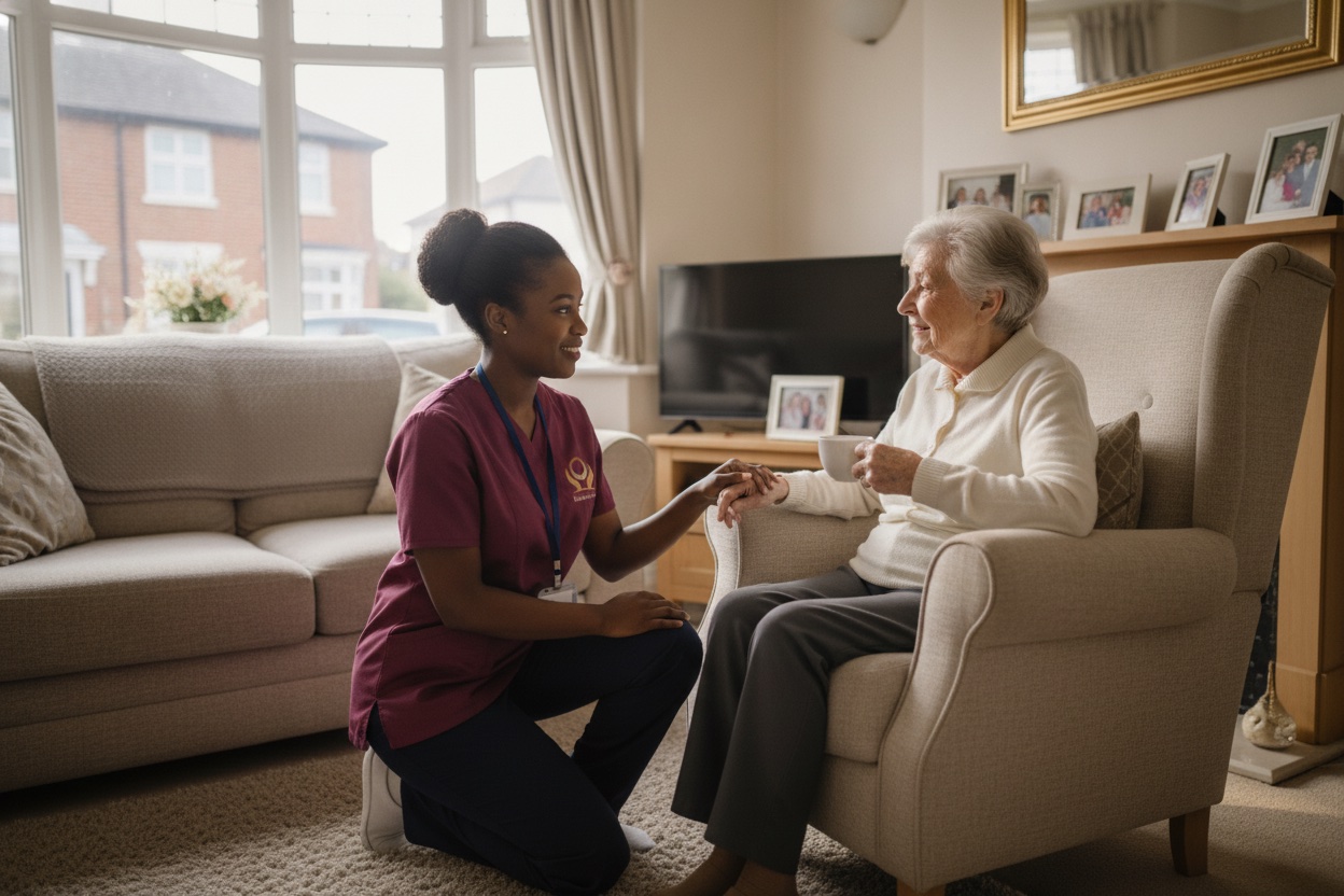 Eternity Care carer in a plum uniform holding the hand of an elderly woman at home in Chester-le-Street
