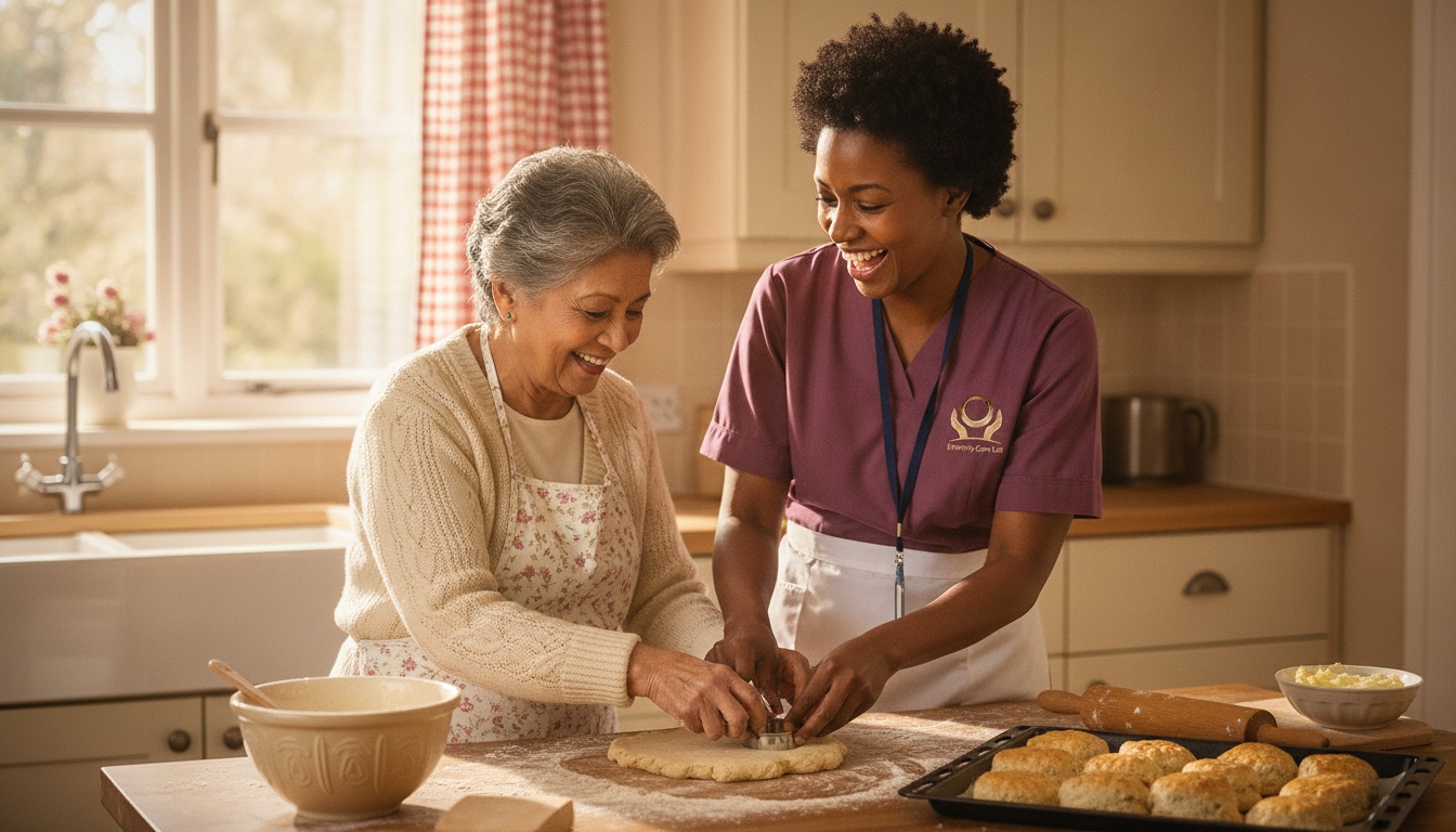 Eternity Care companionship carer baking scones with an elderly woman in her kitchen in Birtley