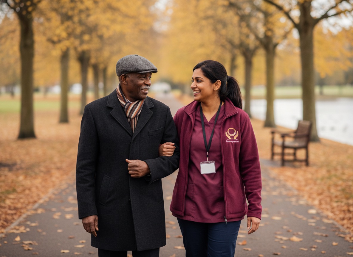 Eternity Care carer walking arm in arm with an elderly man through a park in Chester-le-Street