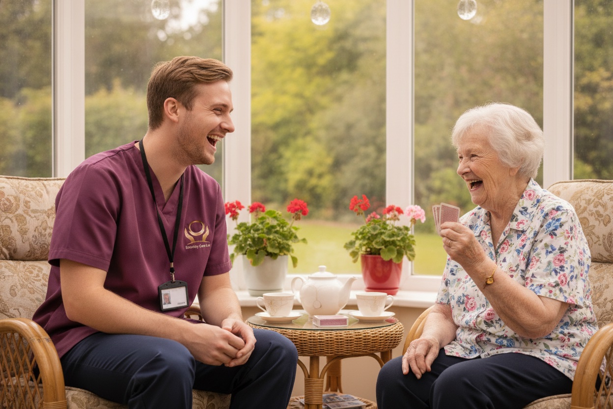 Eternity Care companionship carer playing cards with an elderly woman in her conservatory in Gateshead