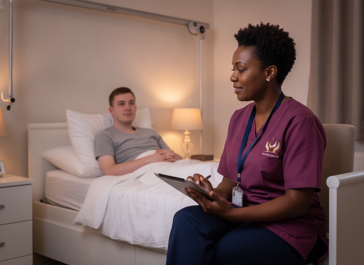 Eternity Care complex care worker recording notes beside a client's bed during evening support