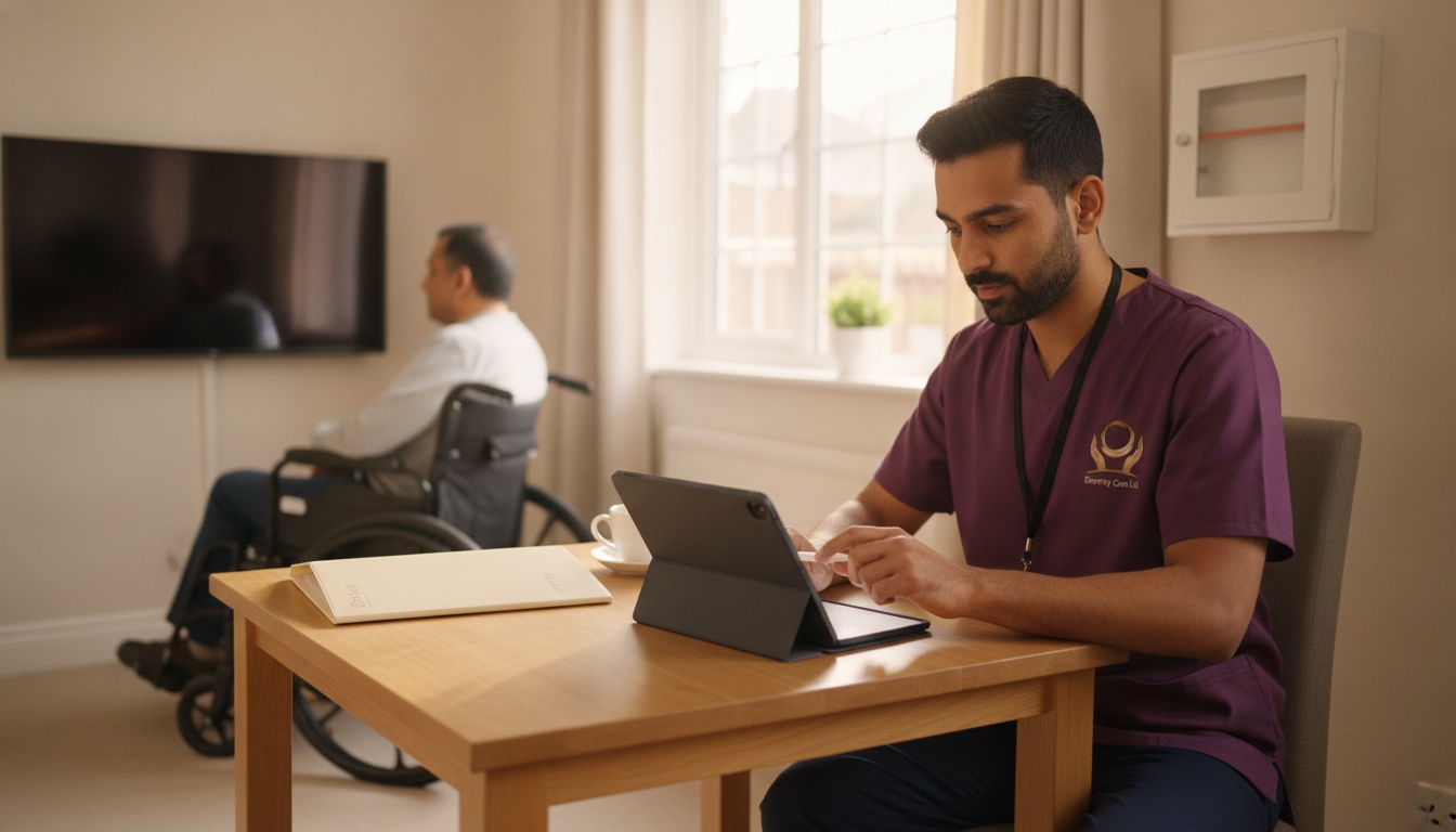 Eternity Care complex care worker completing daily care records on a tablet in a client's home