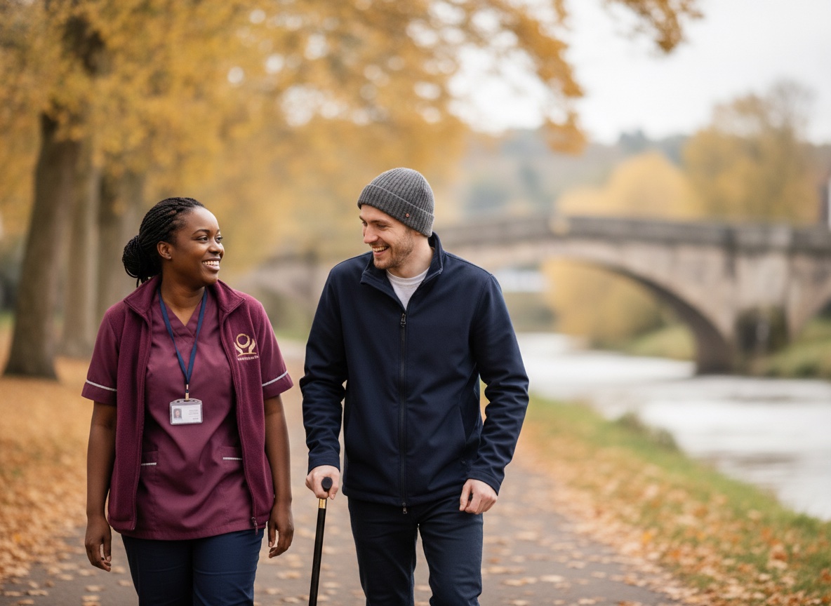 Eternity Care support worker walking beside a young man with a brain injury during a community outing
