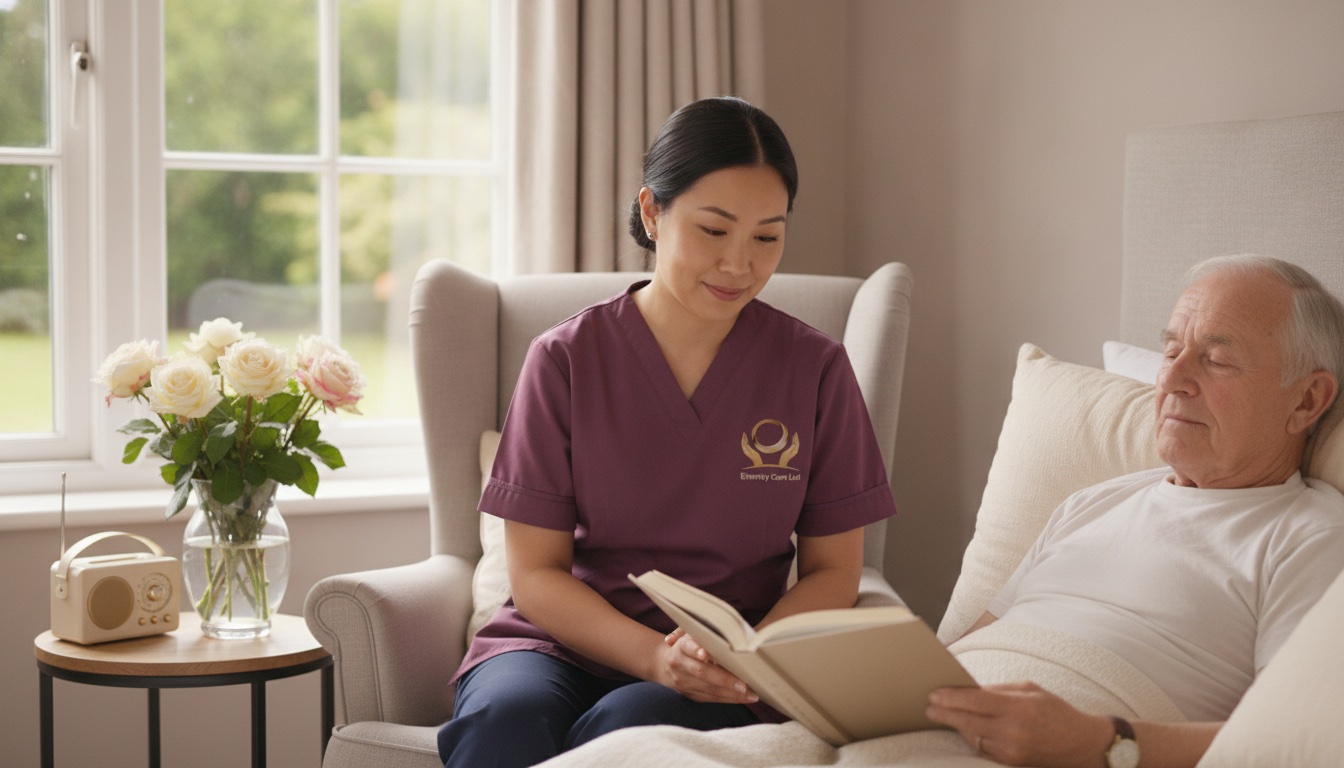 Eternity Care carer reading aloud to an elderly man resting comfortably by the window at home