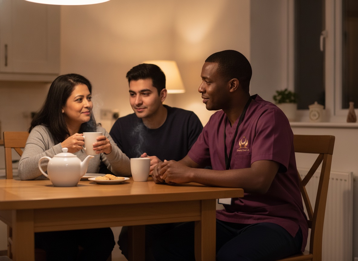 Eternity Care carer offering comfort and a cup of tea to a family at home in Gateshead