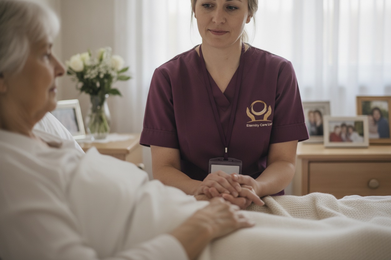 Eternity Care carer gently holding the hand of an elderly woman resting peacefully in bed at home
