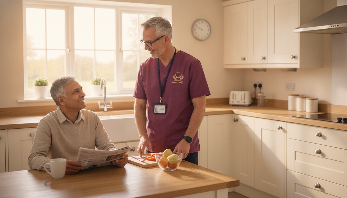 Eternity Care home care worker preparing breakfast for an elderly man in his kitchen in Gateshead