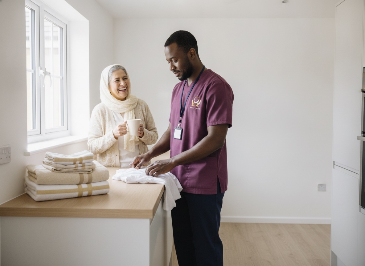 Eternity Care carer folding laundry with an elderly woman during a home care visit in Gateshead