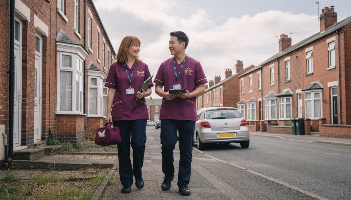 Two Eternity Care carers arriving for a scheduled home care visit on a residential street in Gateshead