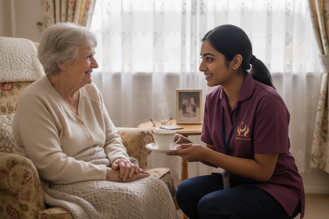 Eternity Care home care worker handing a cup of tea to an elderly woman in her living room in Chester-le-Street