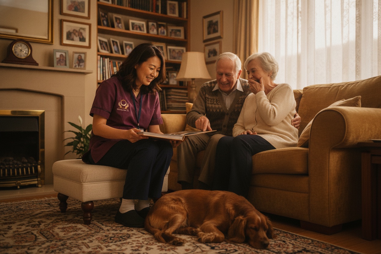 Eternity Care live-in carer looking through a photo album with an elderly couple in their lounge