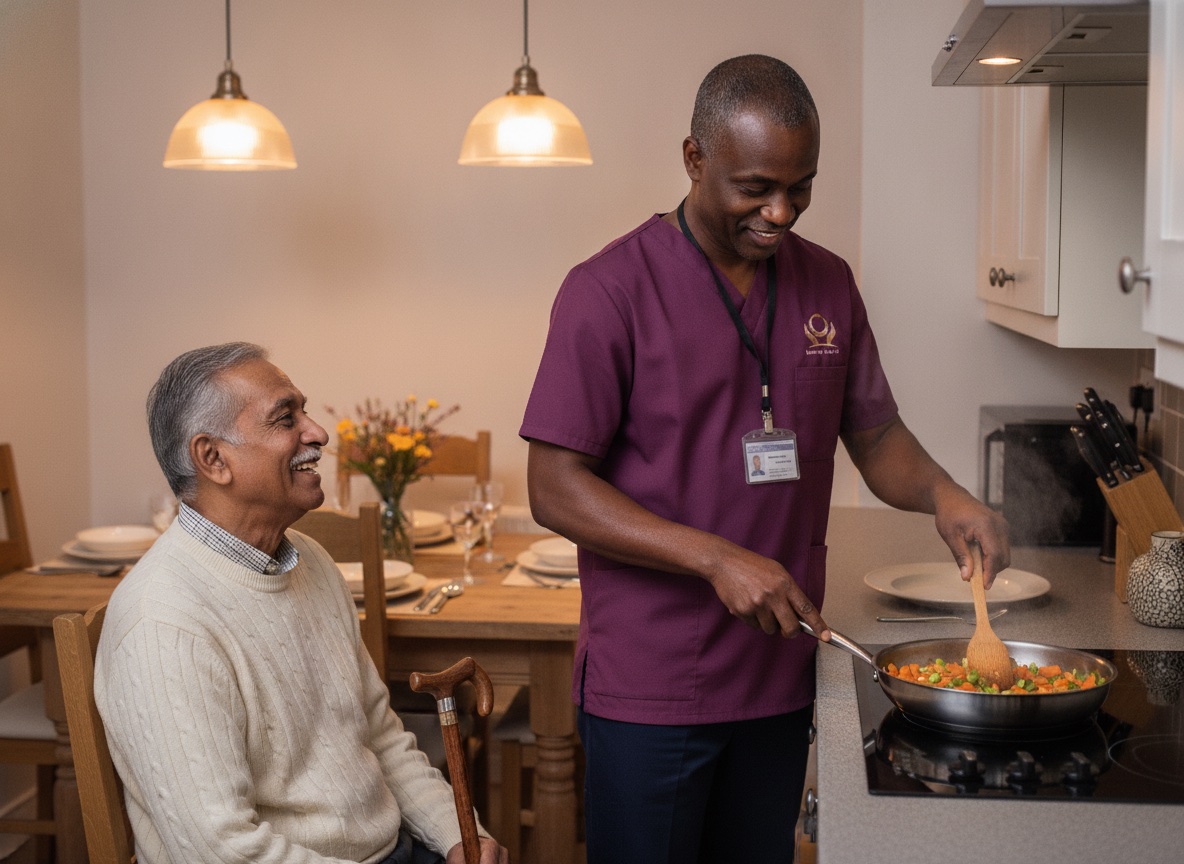 Eternity Care live-in carer cooking an evening meal for an elderly man in his kitchen in Gateshead