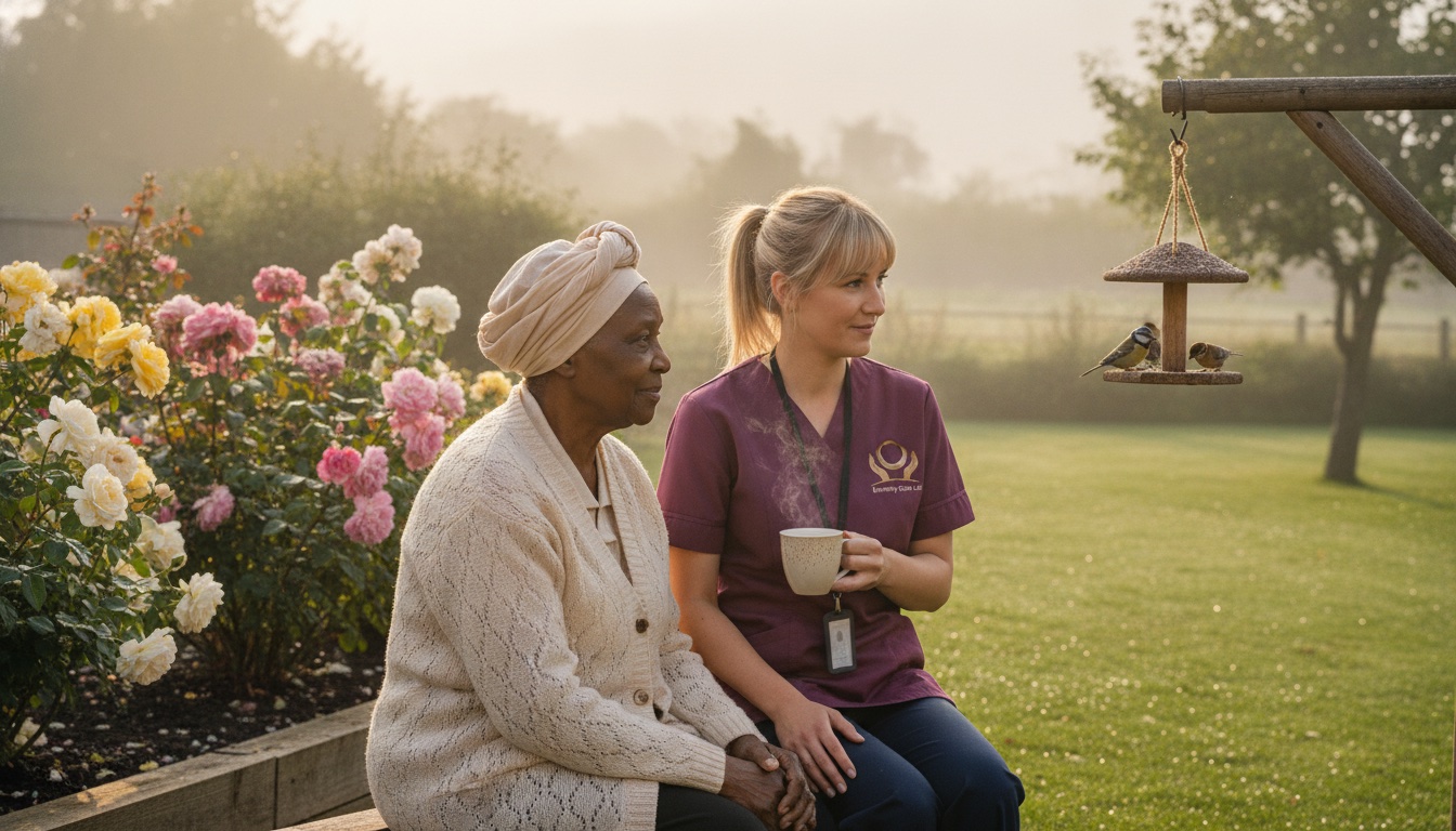 Eternity Care live-in carer sharing a quiet morning in the garden with an elderly woman at home