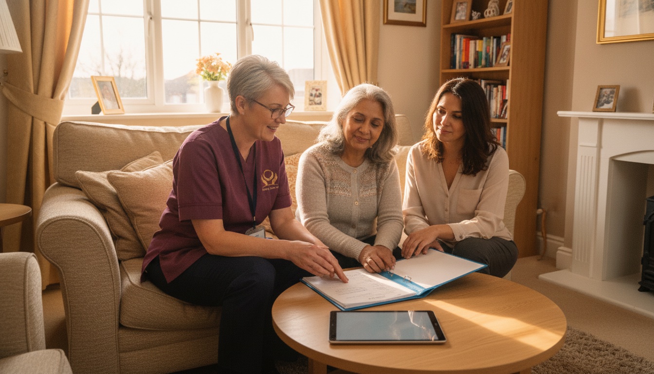 Eternity Care carer reviewing a medication support plan with an elderly woman and her daughter in Chester-le-Street