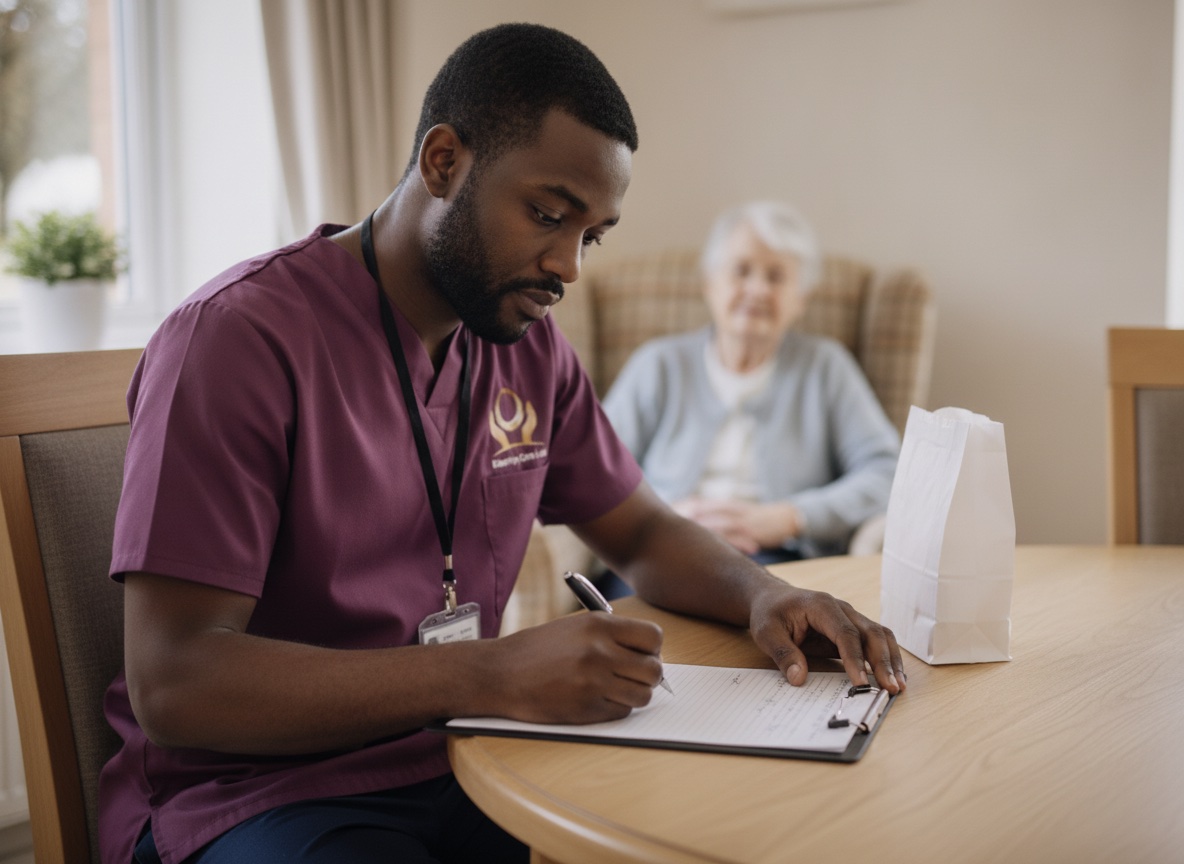 Eternity Care carer recording a dose on a medication administration record during a home visit