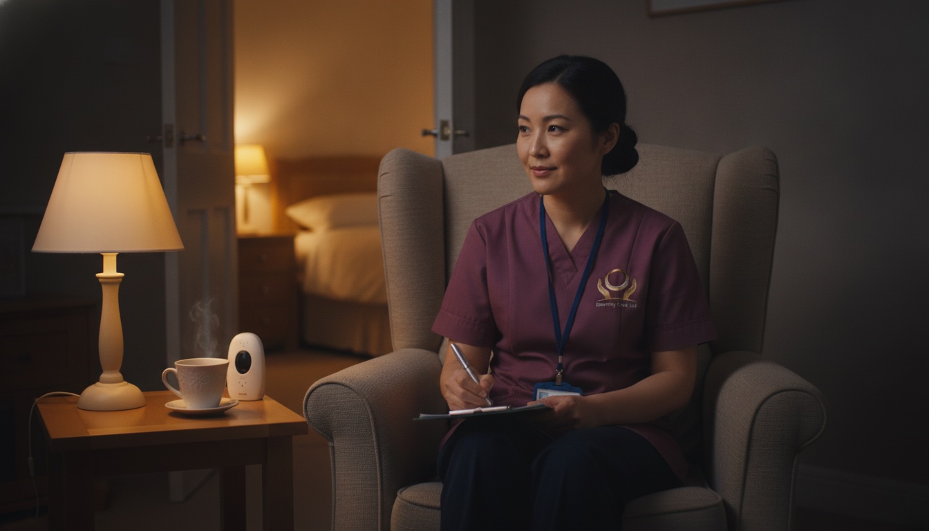 Eternity Care waking night carer recording night notes by lamplight in a client's home