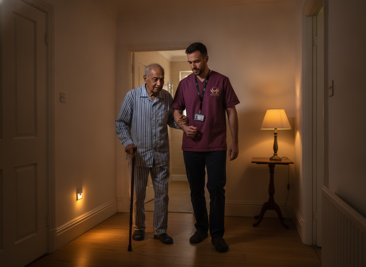 Eternity Care night carer safely supporting an elderly man to walk along a landing at night