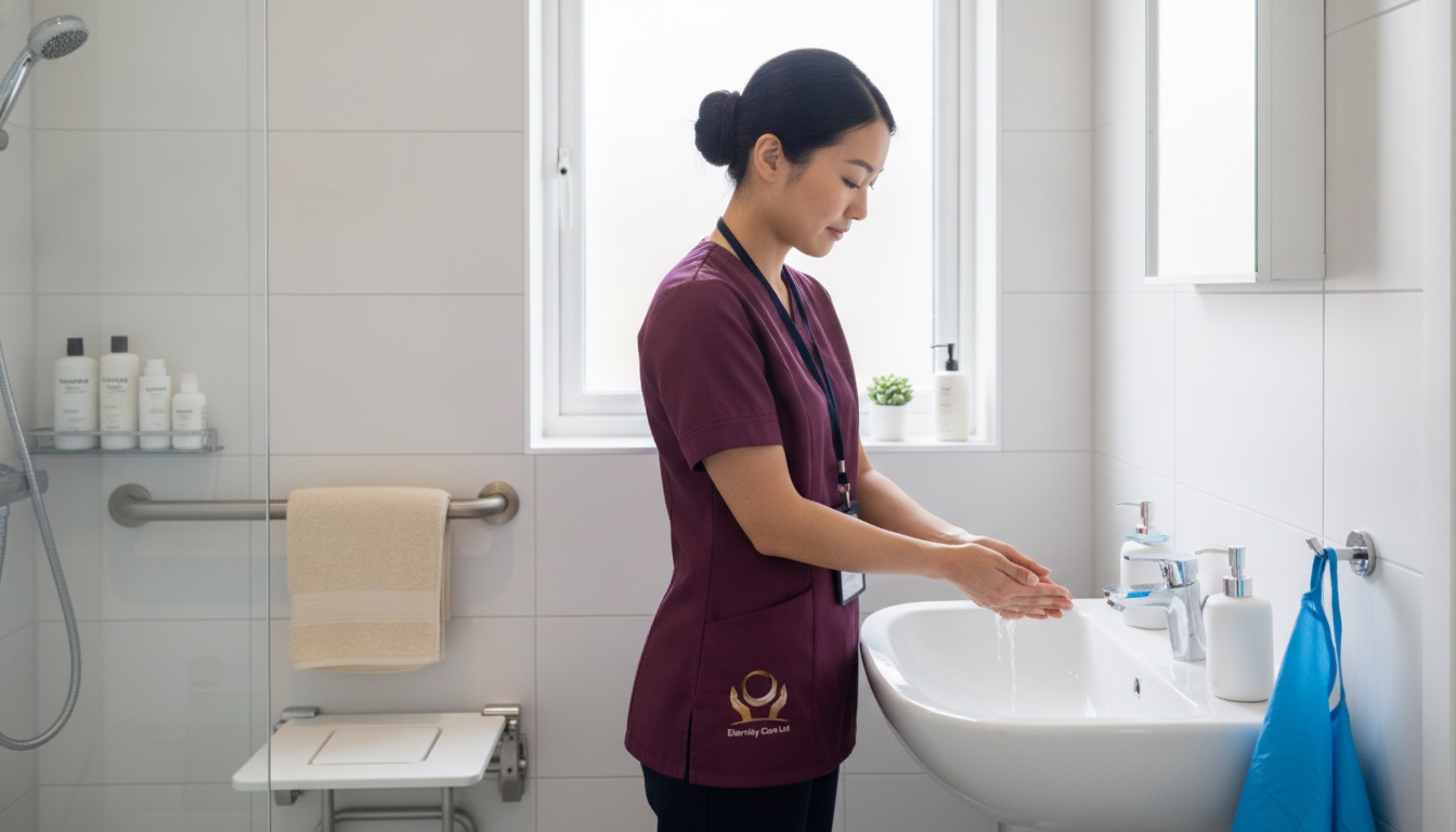 Eternity Care carer washing her hands in an accessible bathroom before a personal care visit