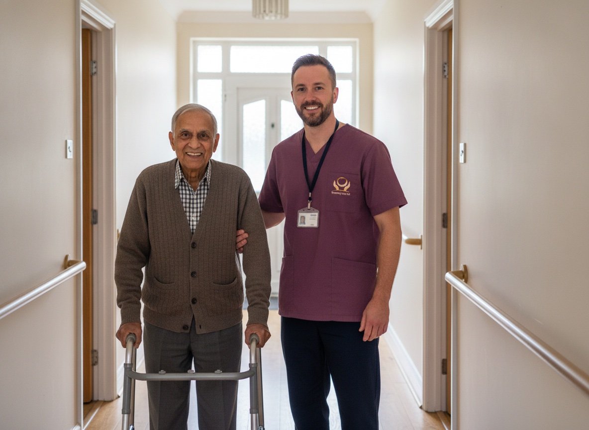 Eternity Care carer supporting an elderly man to walk with a frame in his hallway in Gateshead