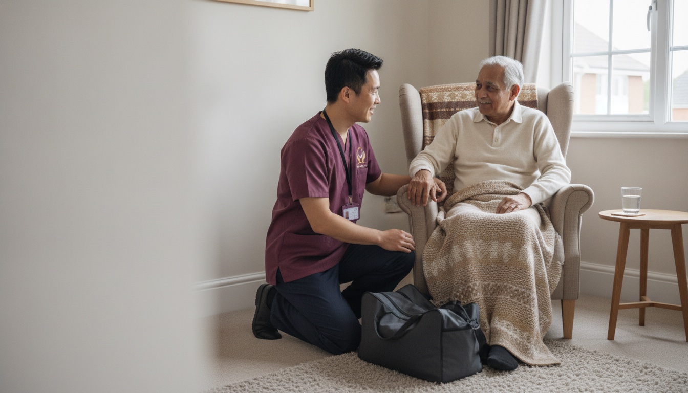 Eternity Care carer settling an elderly man safely at home after a rapid hospital discharge