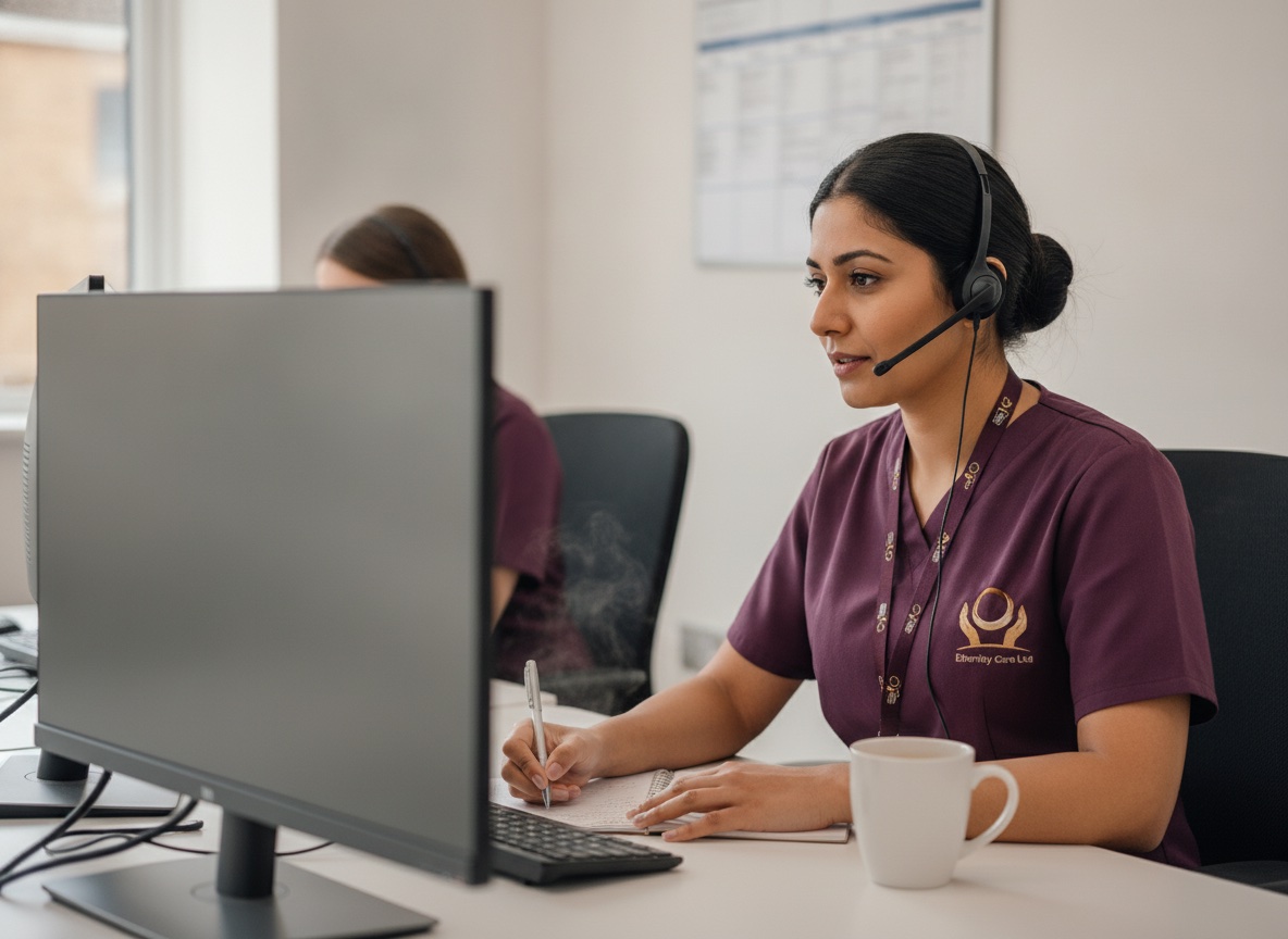 Eternity Care coordinator taking an urgent referral call and arranging a rapid response care package