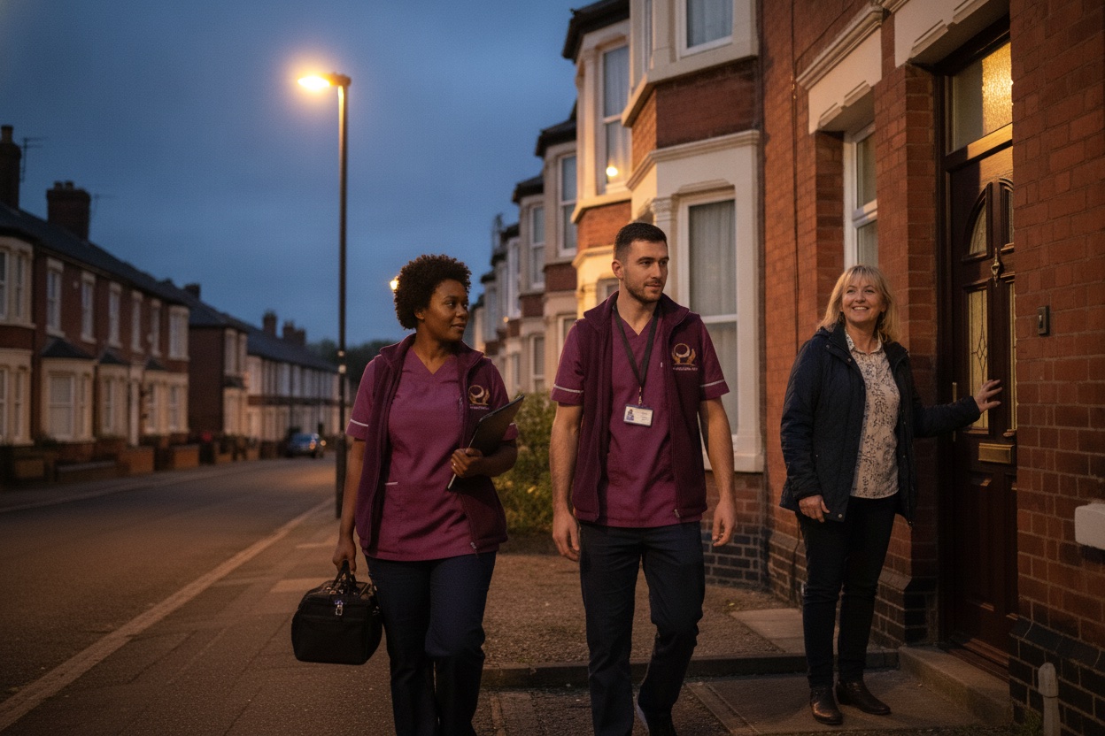 Two Eternity Care carers arriving at a family's home in Gateshead to start an urgent care package
