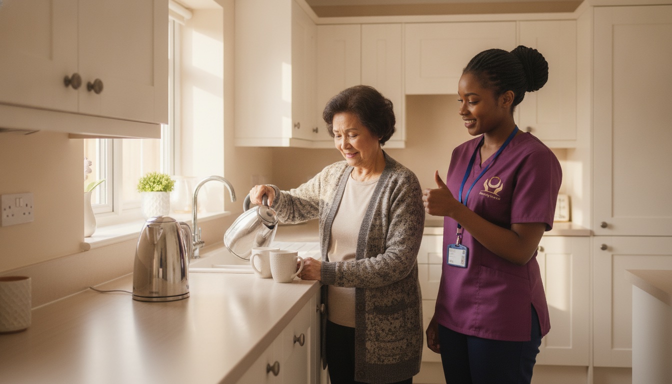 Elderly woman making her own cup of tea with encouragement from an Eternity Care reablement carer