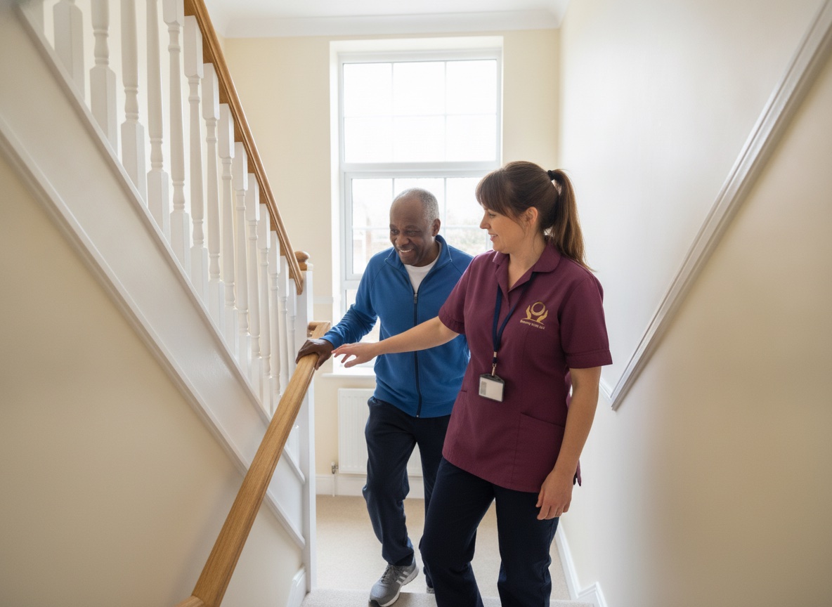 Eternity Care reablement carer supporting a man to practise climbing the stairs safely after hospital