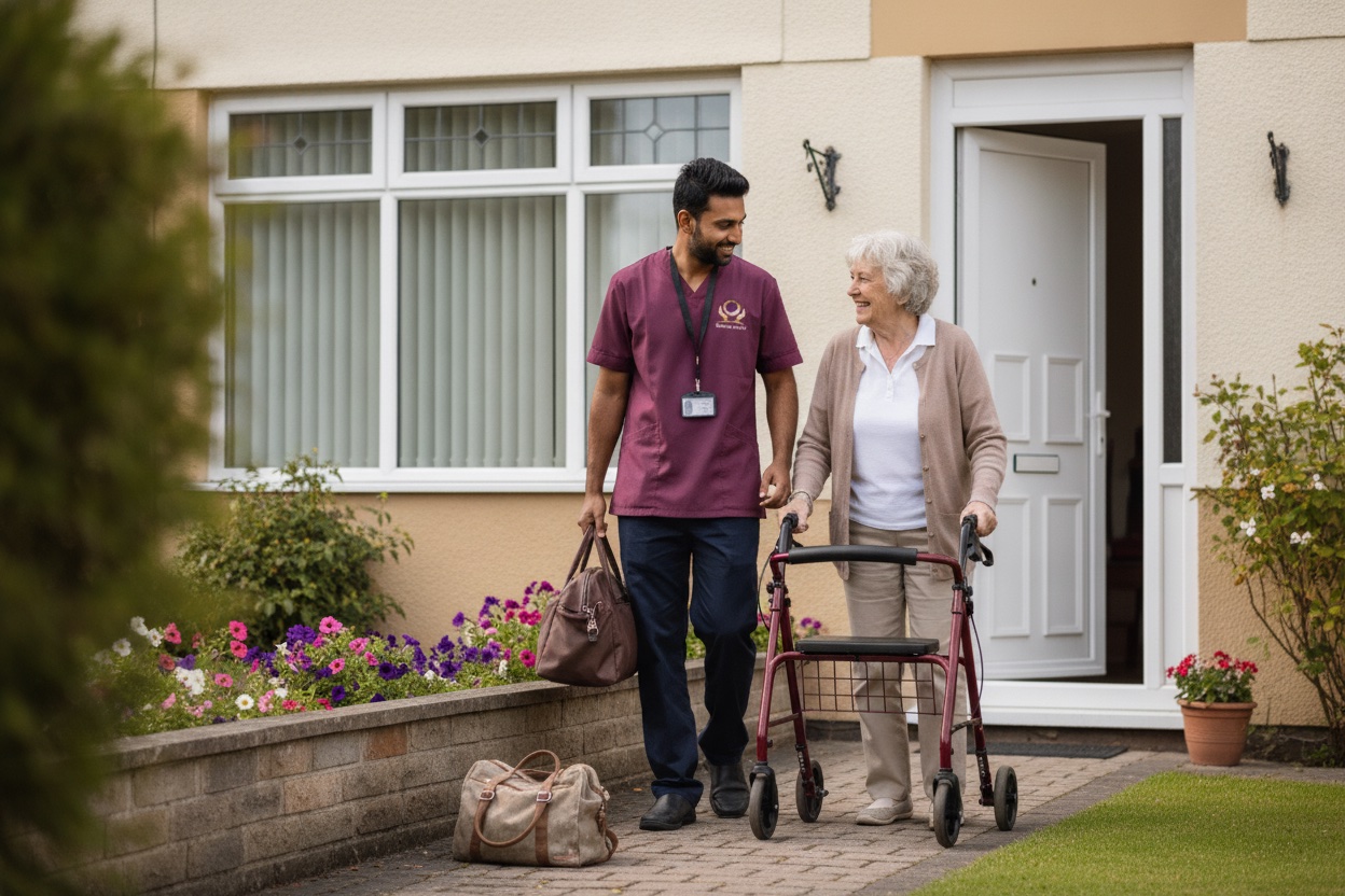 Eternity Care carer helping an elderly woman with a walking frame arrive home from hospital in Gateshead