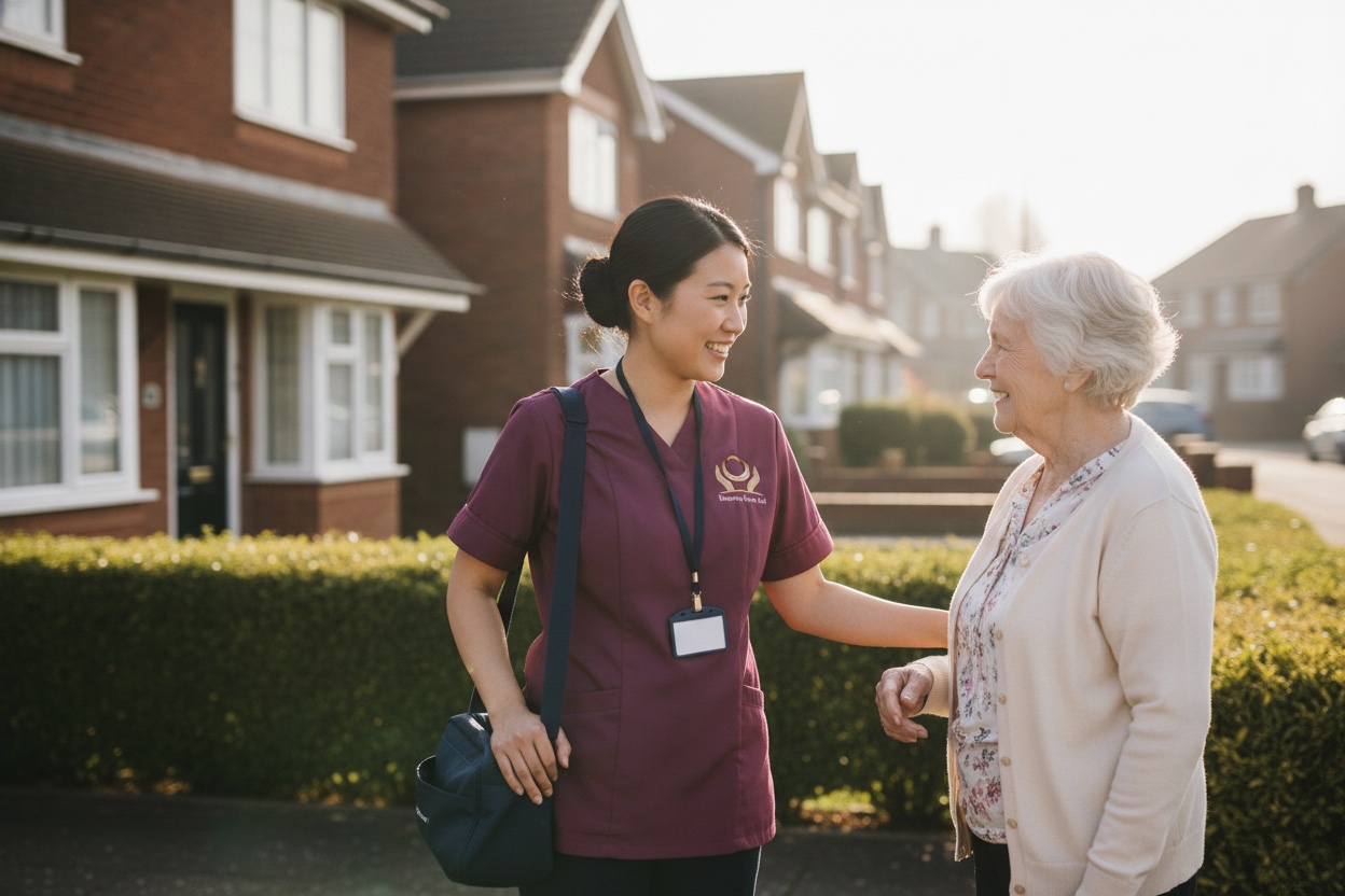 Eternity Care carer being welcomed at the front door by an elderly client in Chester-le-Street