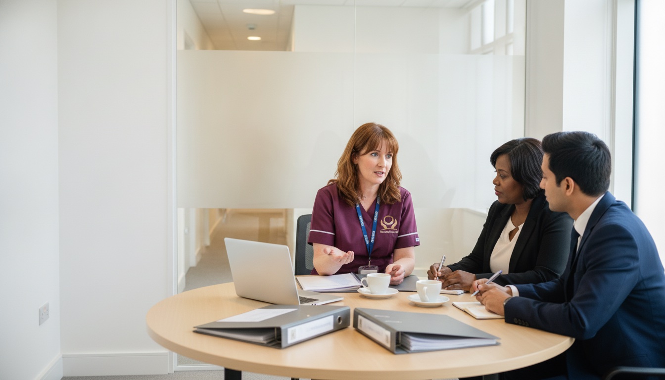 Eternity Care coordinator reviewing a complex care plan with a case manager and social worker