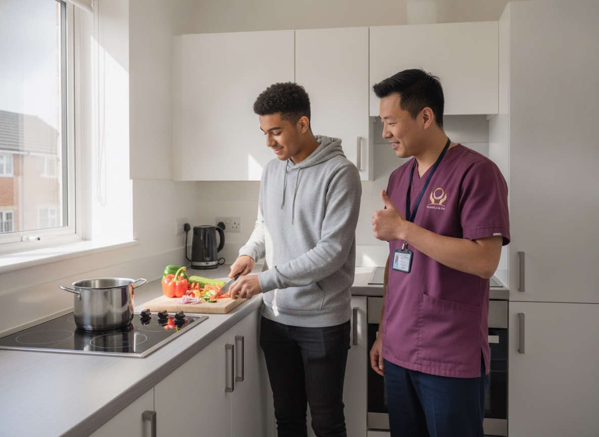 Eternity Care support worker helping a young person build cooking skills in supported accommodation